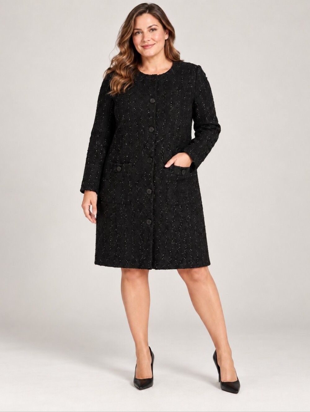 LOFT Black Tweed Long Sleeve Button-Front Coat Dress